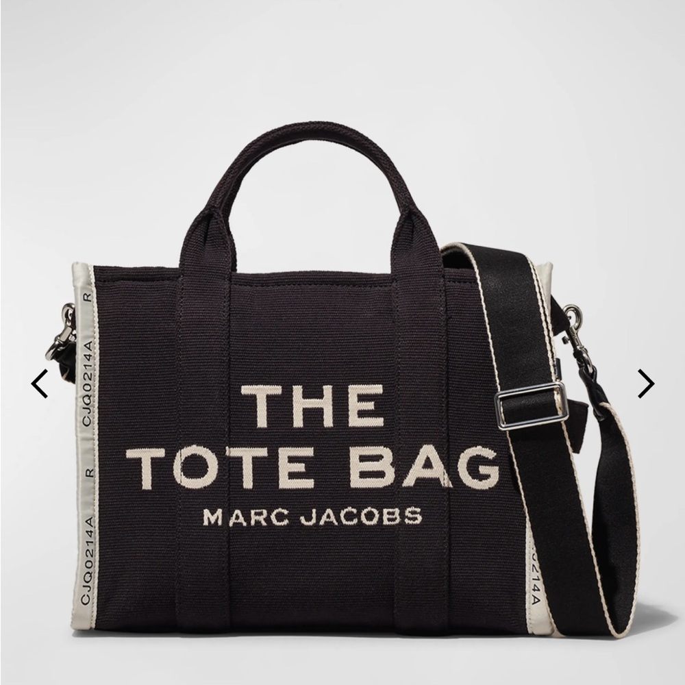 Marc Jacobs Jacquard Medium Black Tote Bag with Bold Text Design
